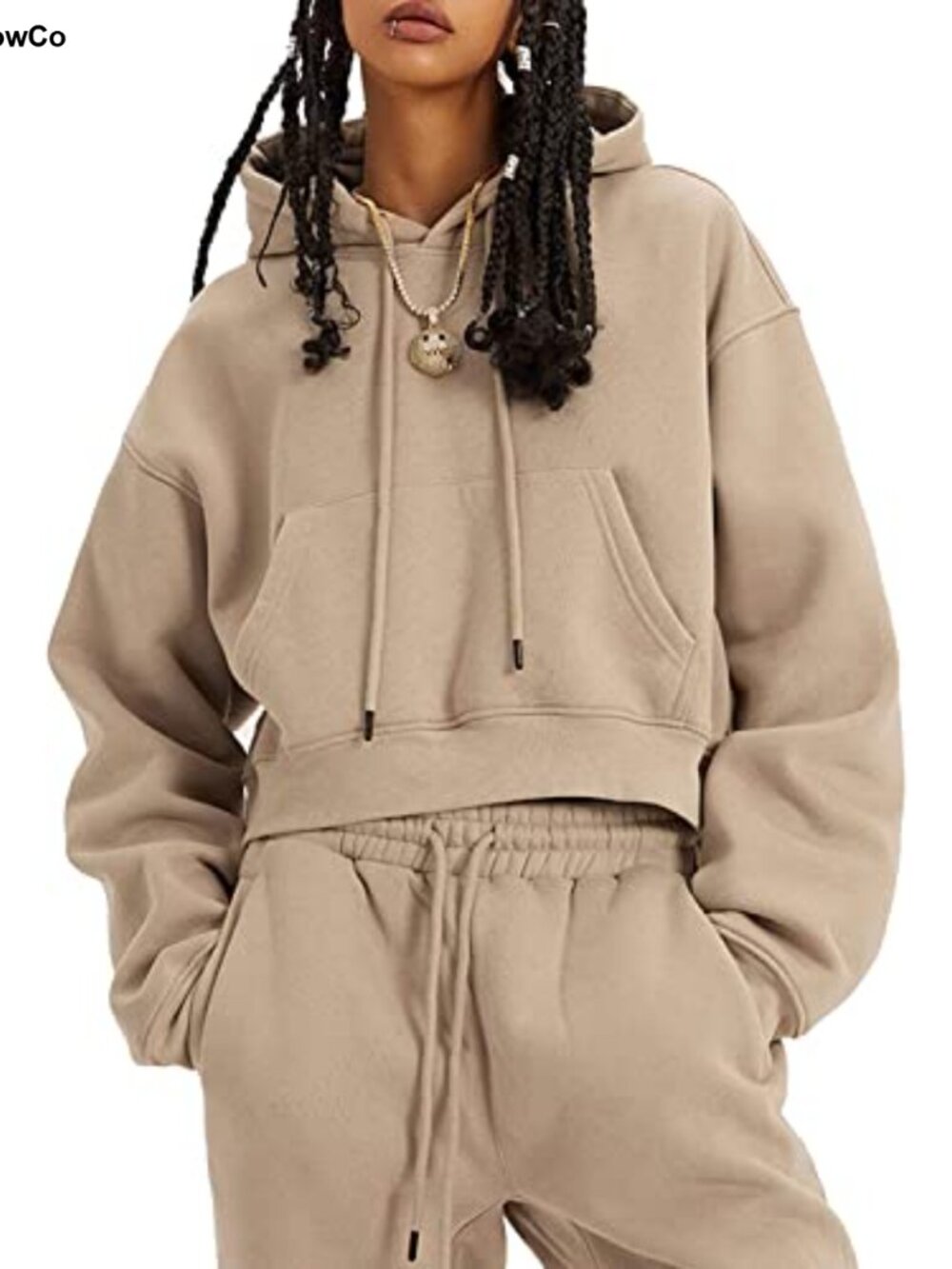 Womens Fleece 2 Piece Sweatsuit Hoodie Crop Top Jogger Pants Set